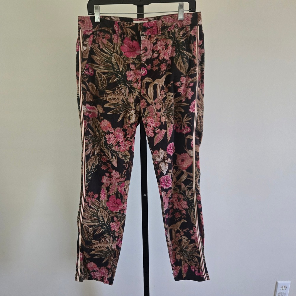 Anthropologie Chino Relaxed Floral Side Stripe Pants Pink Black Size 29 OB785294